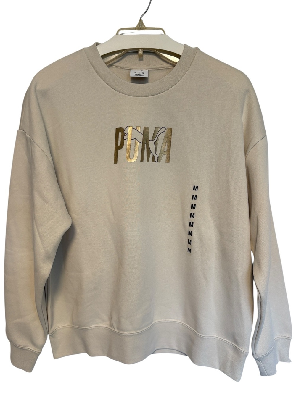 PUMA Metallic Gold Logo Crewneck Sweatshirt Size M Tan NWT Cotton